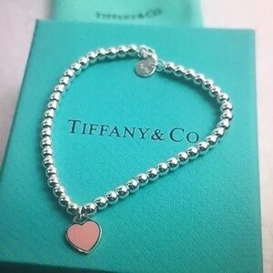 Tiffany & Co. Silver Bead Bracelet with Pink Heart Enamel Charm
